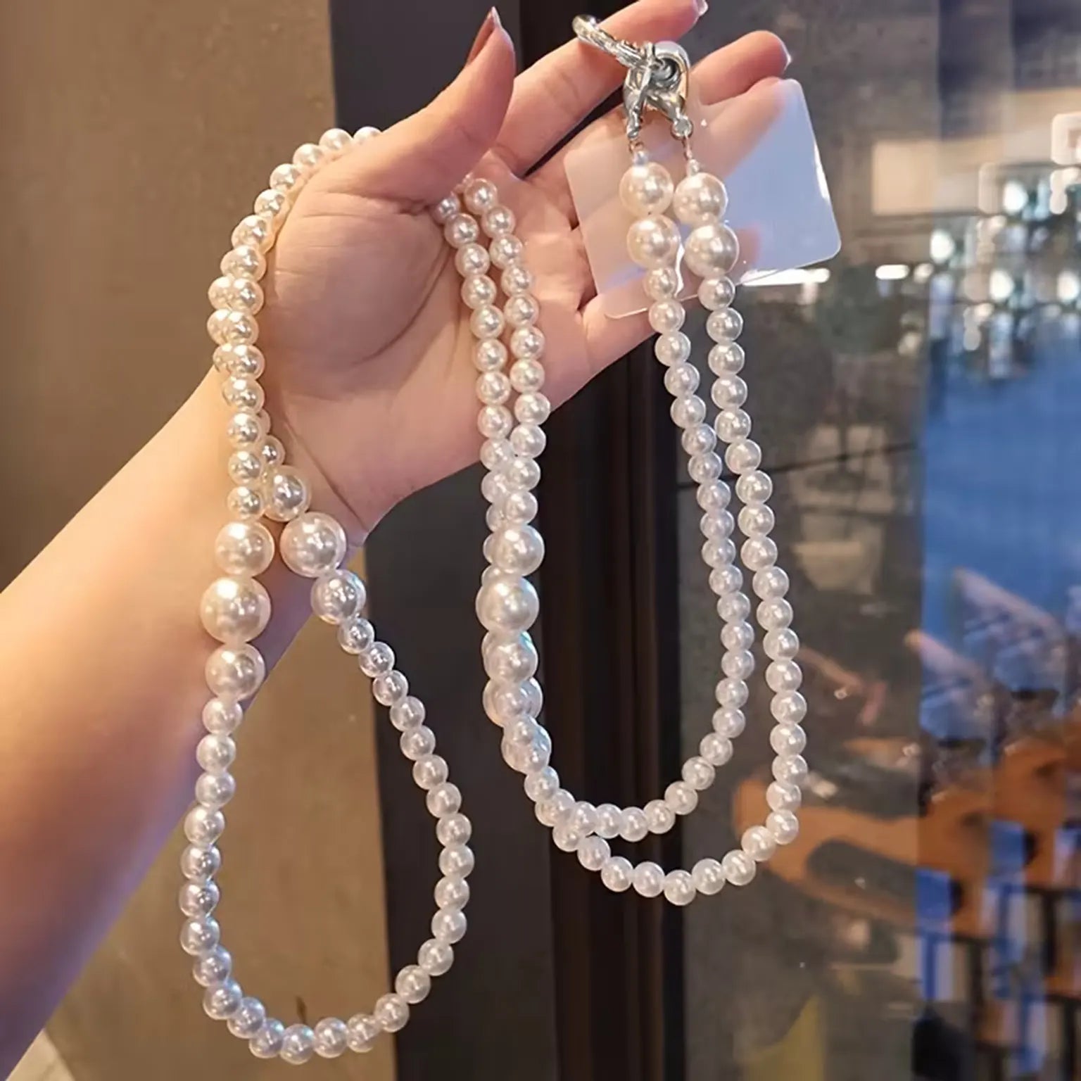 Portable Pearls Long Strap for The Neck And Shoulder Phone Lanyard with Transparent Card Holder