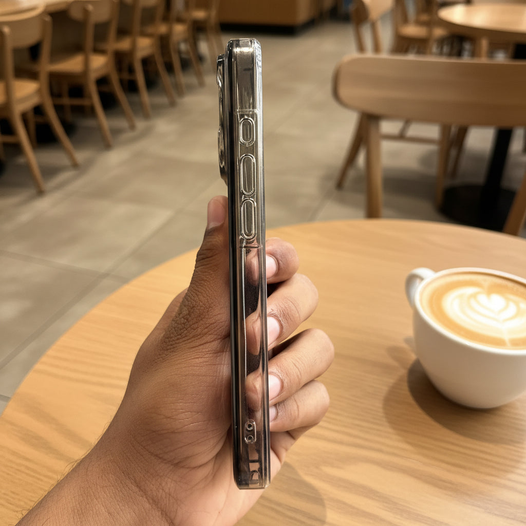 Hand holding a phone with a reflective case against a blurred natural background