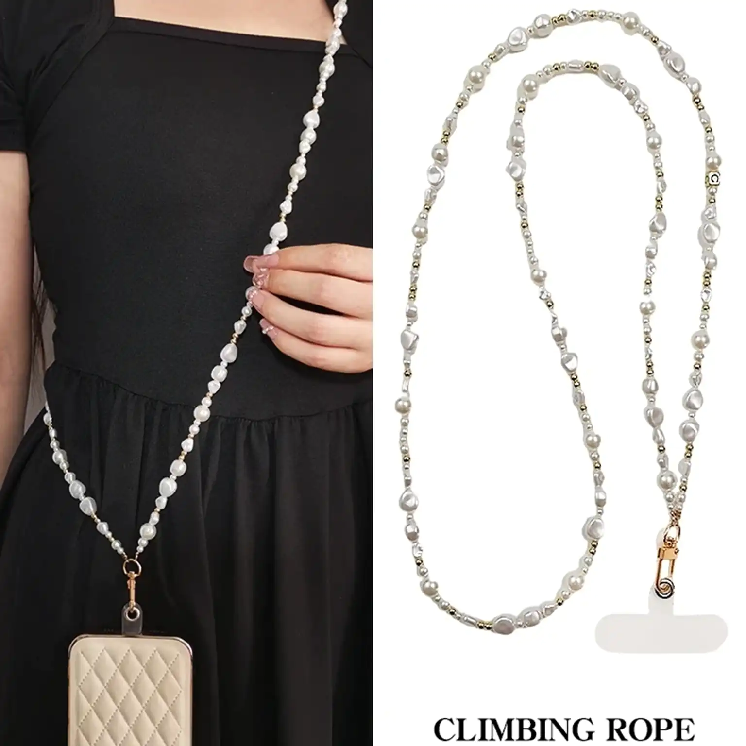 Universal Sling Pearl Crossbody Long Strap for The Neck And Shoulder Phone Lanyard with Transparent Card Holder