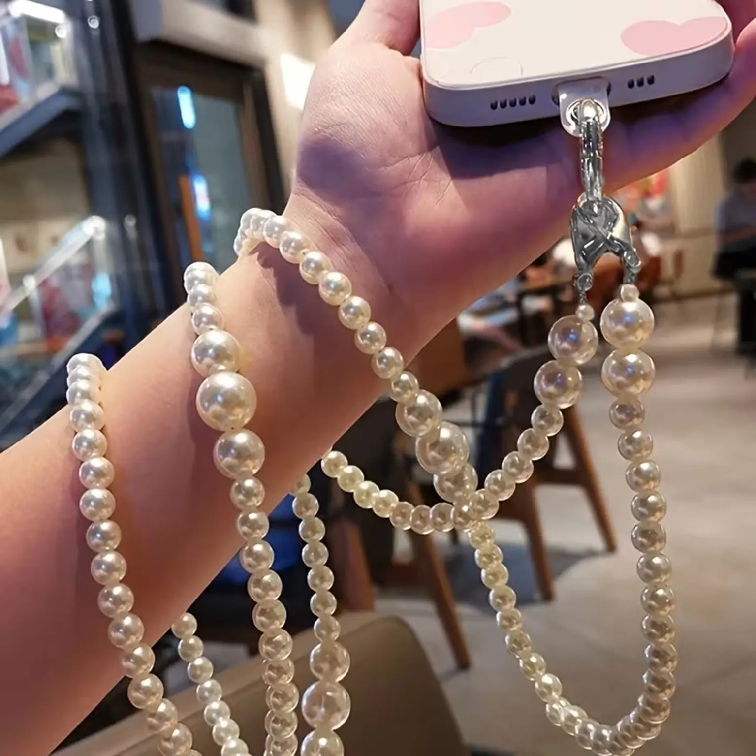 Portable Pearls Long Strap for The Neck And Shoulder Phone Lanyard with Transparent Card Holder