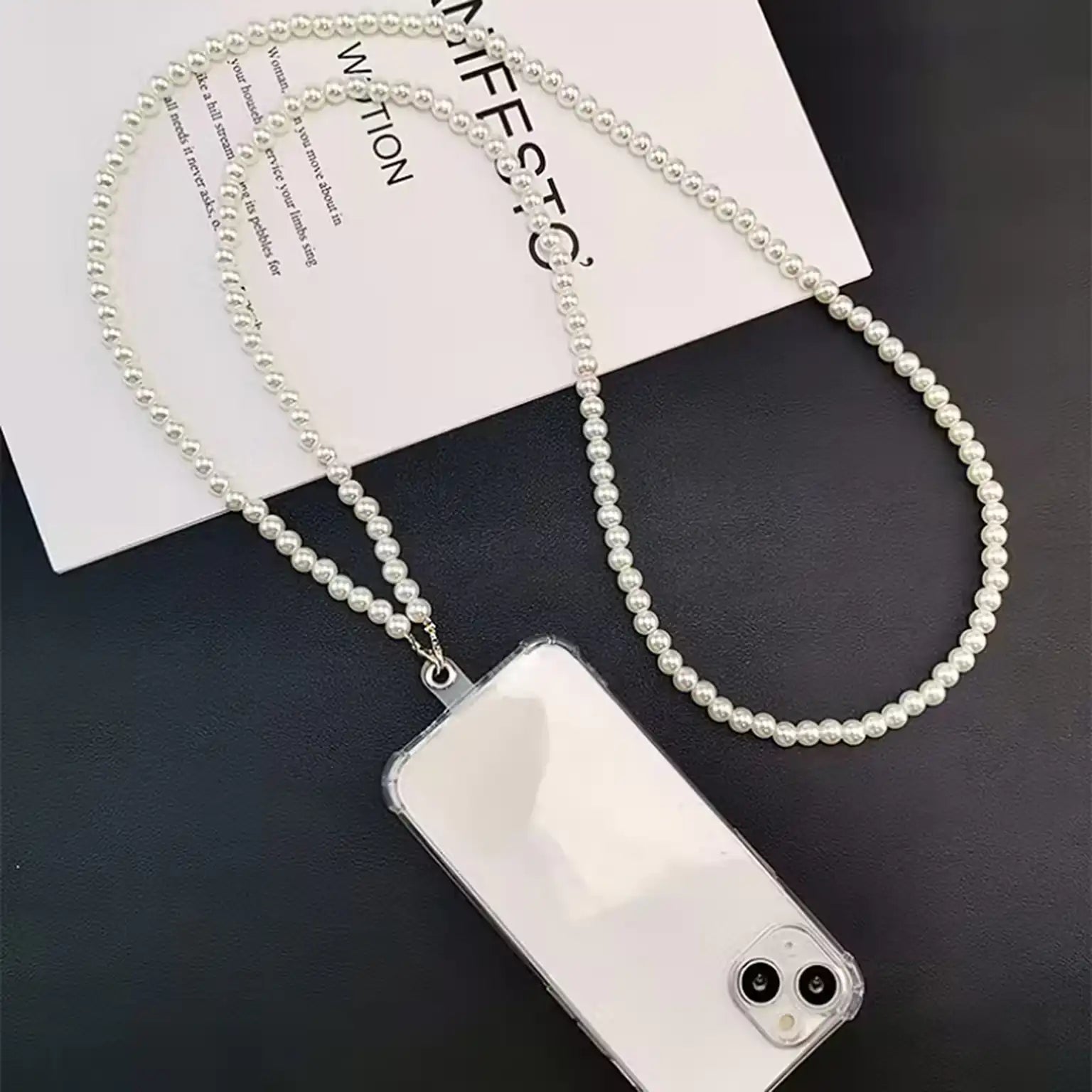 Hand-beaded Pearls Long Strap for The Neck And Shoulder Phone Lanyard with Transparent Card Holder