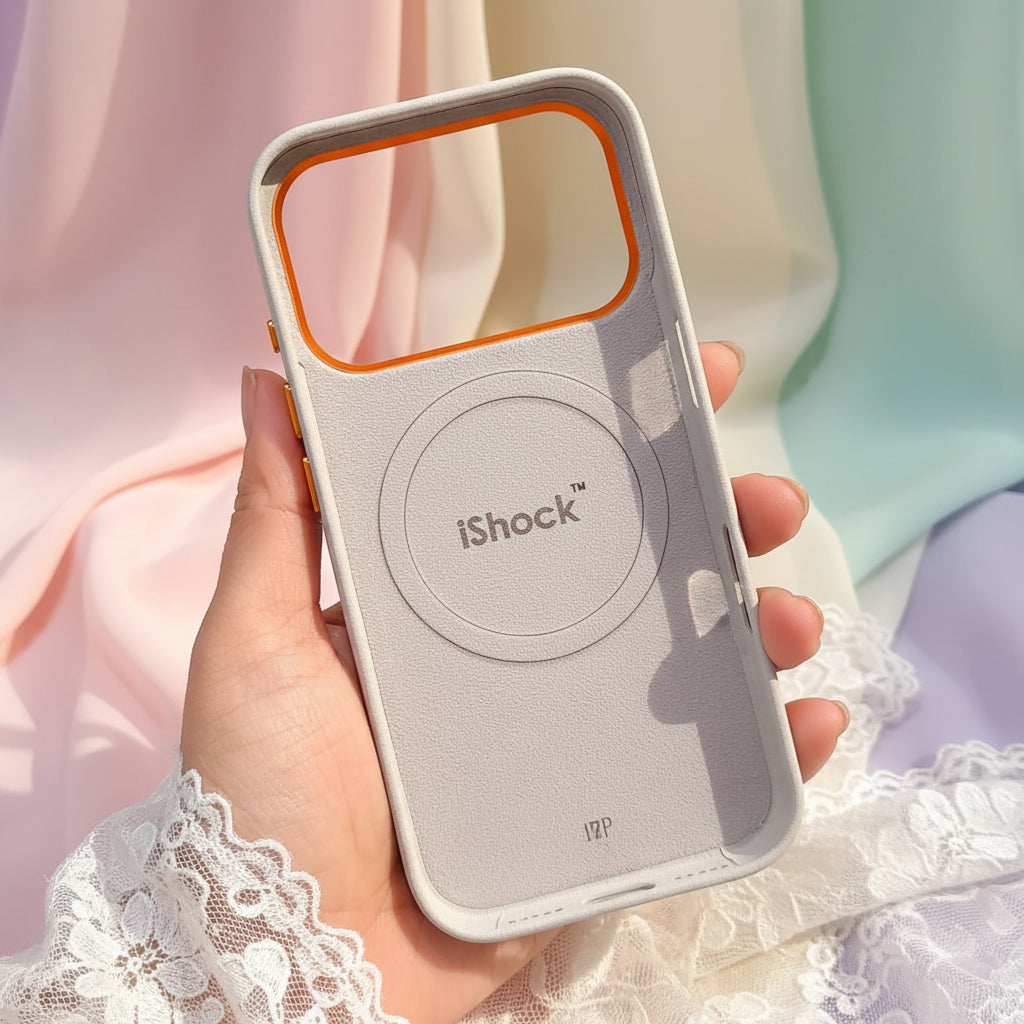 Gray phone case with 'iShock' branding held in a hand against a cluttered background