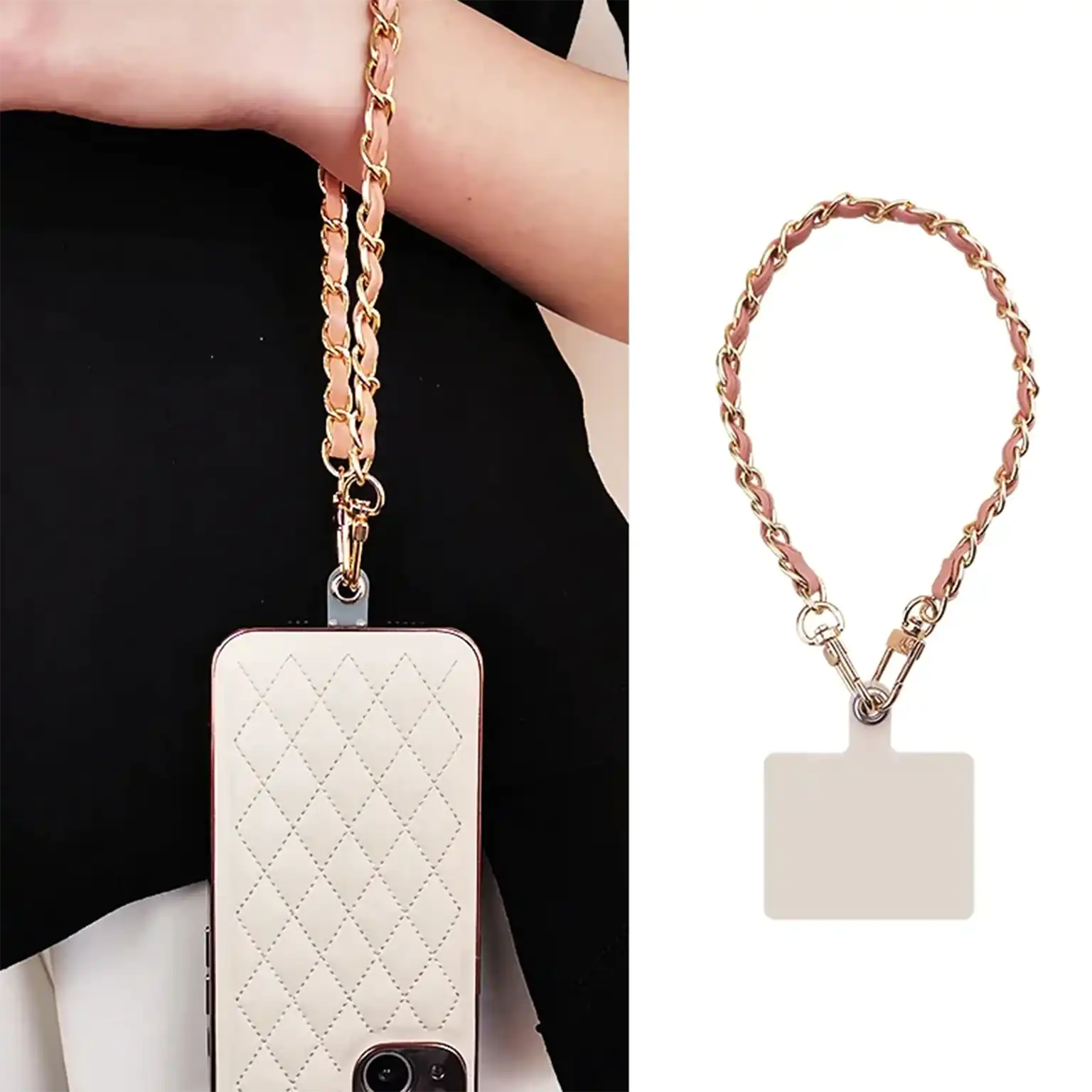 Phone case with chain strap held by a hand, next to a close-up of the chain strap.