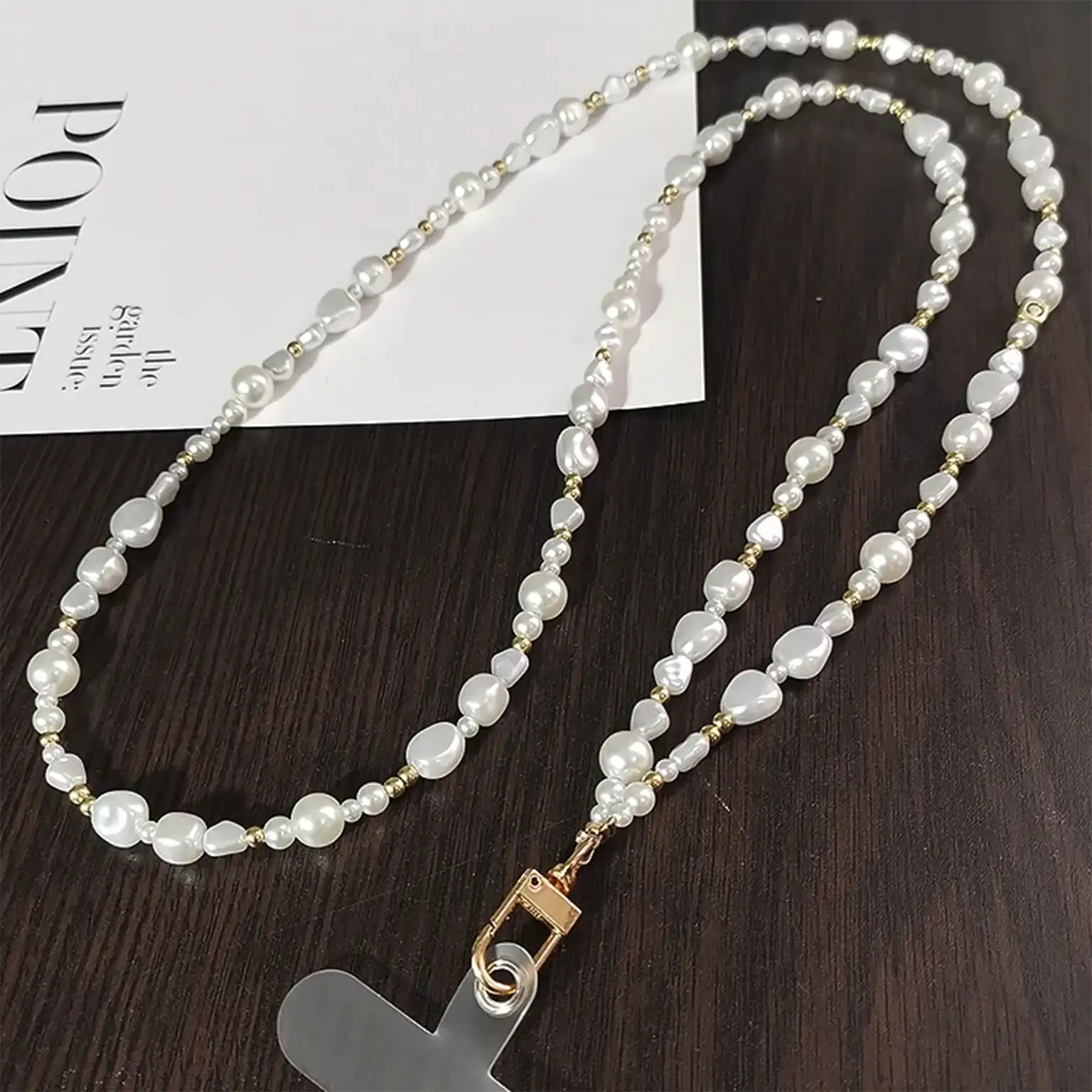 Universal Sling Pearl Crossbody Long Strap for The Neck And Shoulder Phone Lanyard with Transparent Card Holder