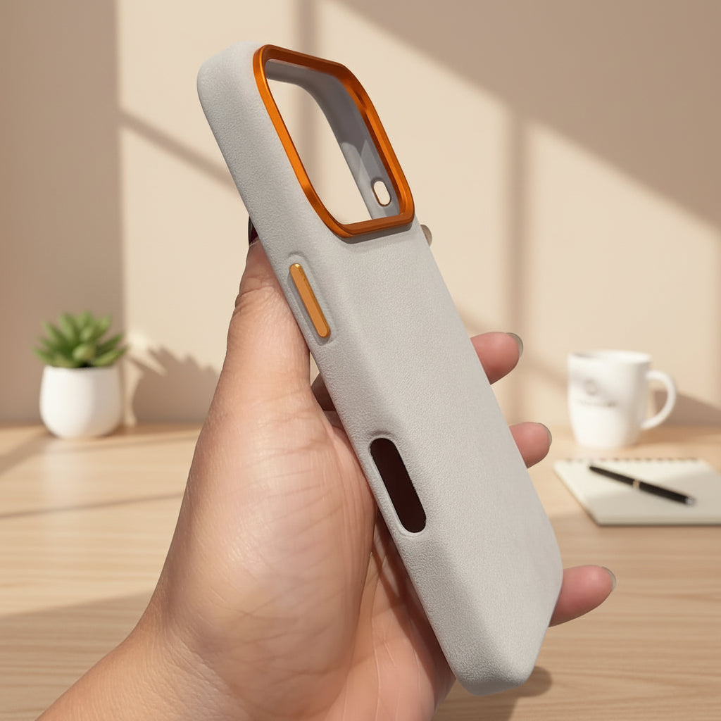 Hand holding a phone case with orange accents in a cluttered background