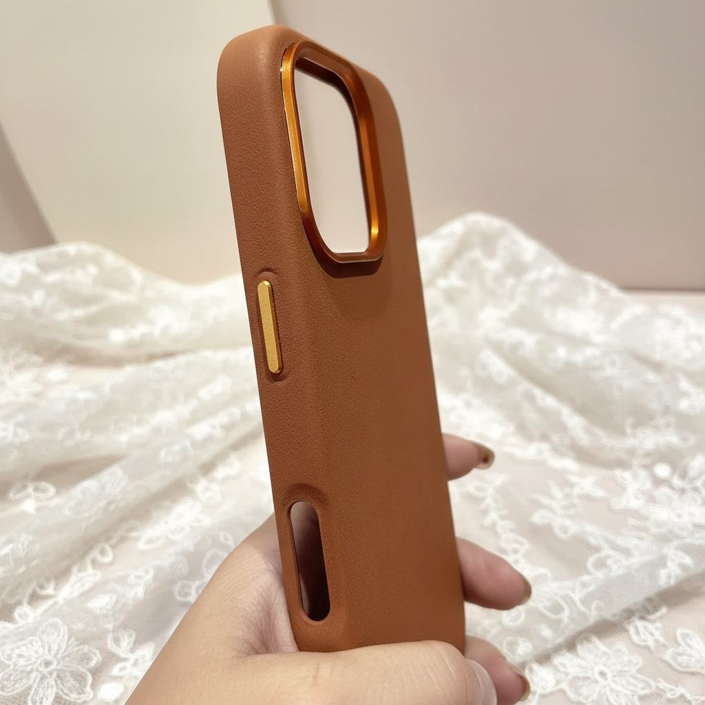 Brown phone case with gold accents held in a hand against a blurred background