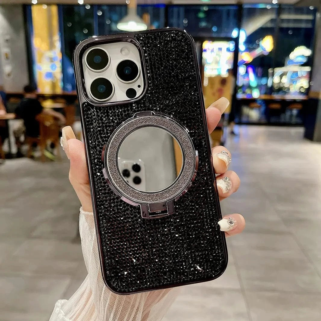Glitter Bling Diamond Mirror Stand Magnetic Case for iPhone 16 Pro Max