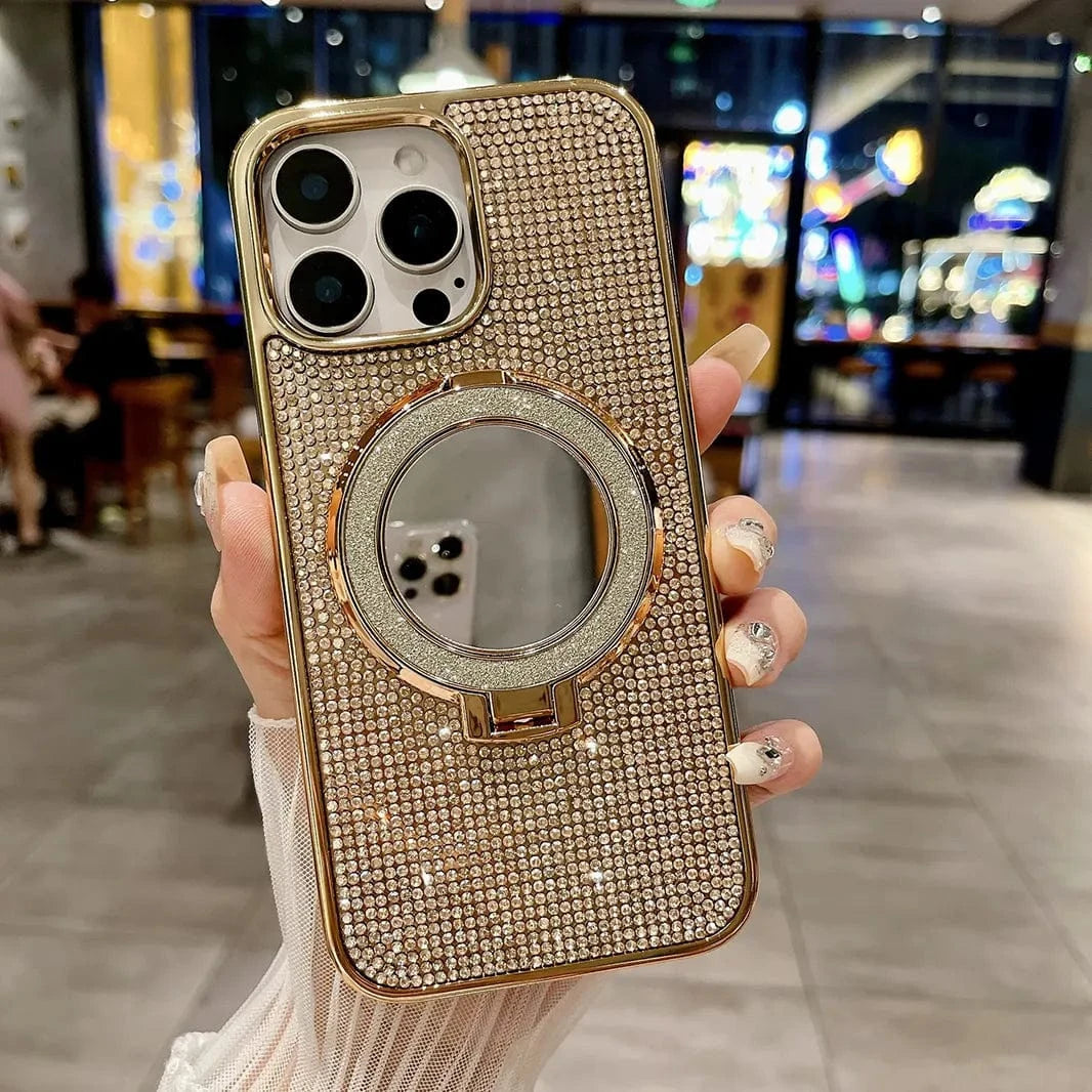 Glitter Bling Diamond Mirror Stand Magnetic Case for iPhone 16 Pro Max