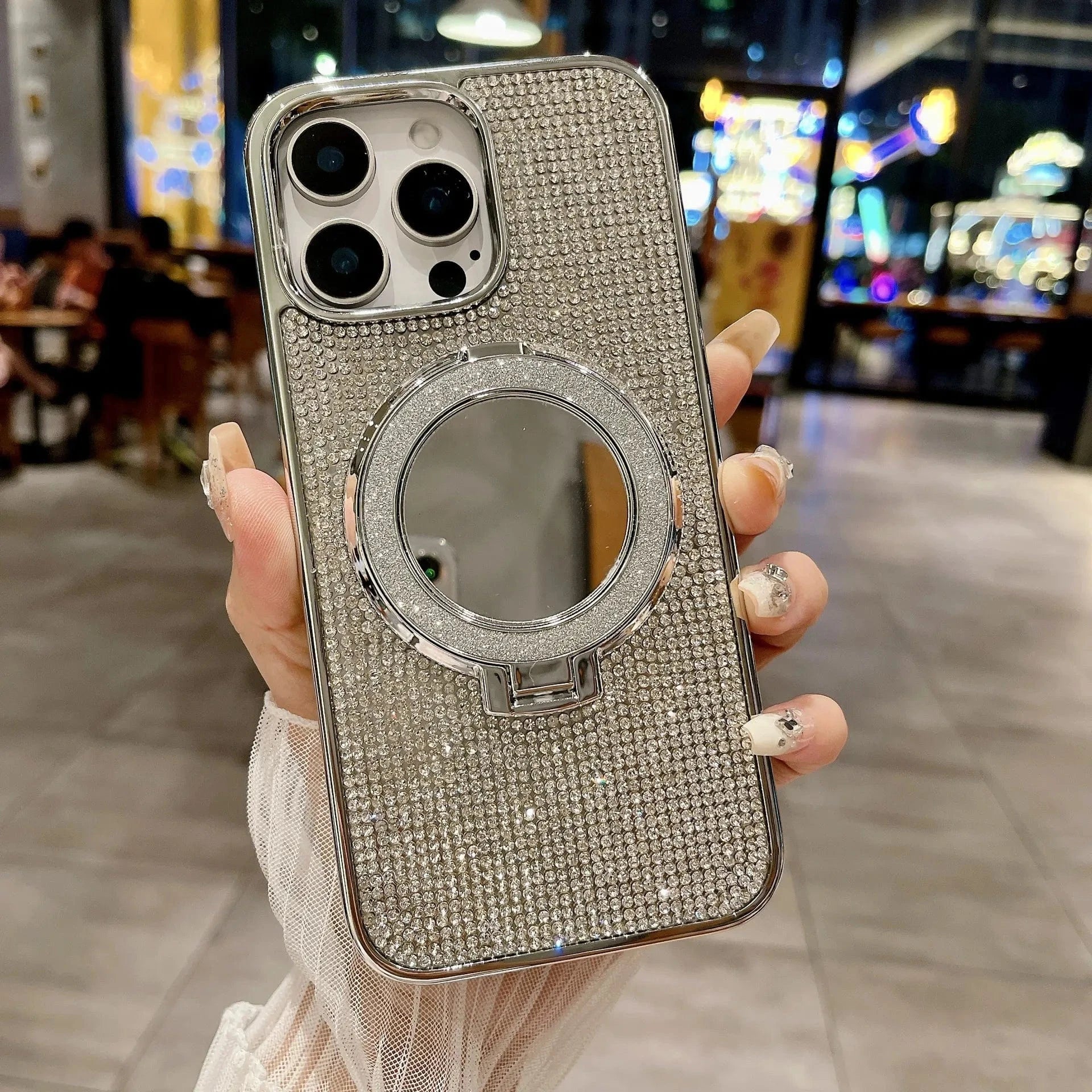 Glitter Bling Diamond Mirror Stand Magnetic Case for iPhone 16 Pro Max
