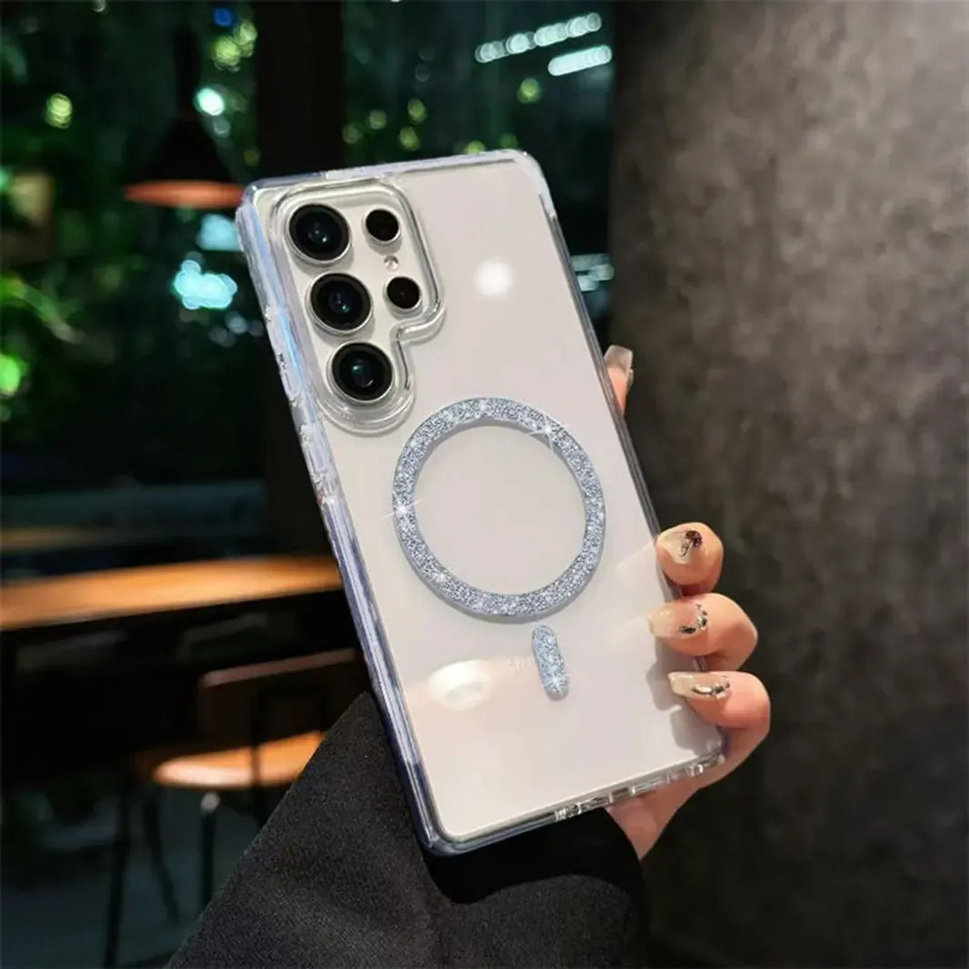 Silver Glitter Ring Shiny Bling Magnetic Magsafe Hard Case for Samsung S25 Ultra Cases & Covers