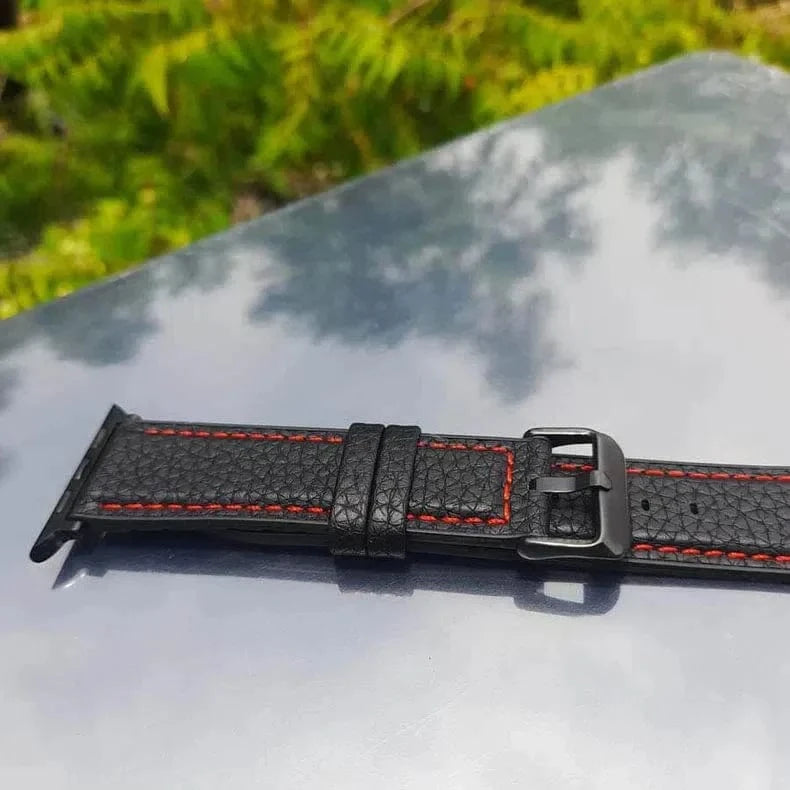 Grainy Leather Texture Red Thread Stitch Watch Band for Apple Watch 38 | 40 | 41 | 42mm S10