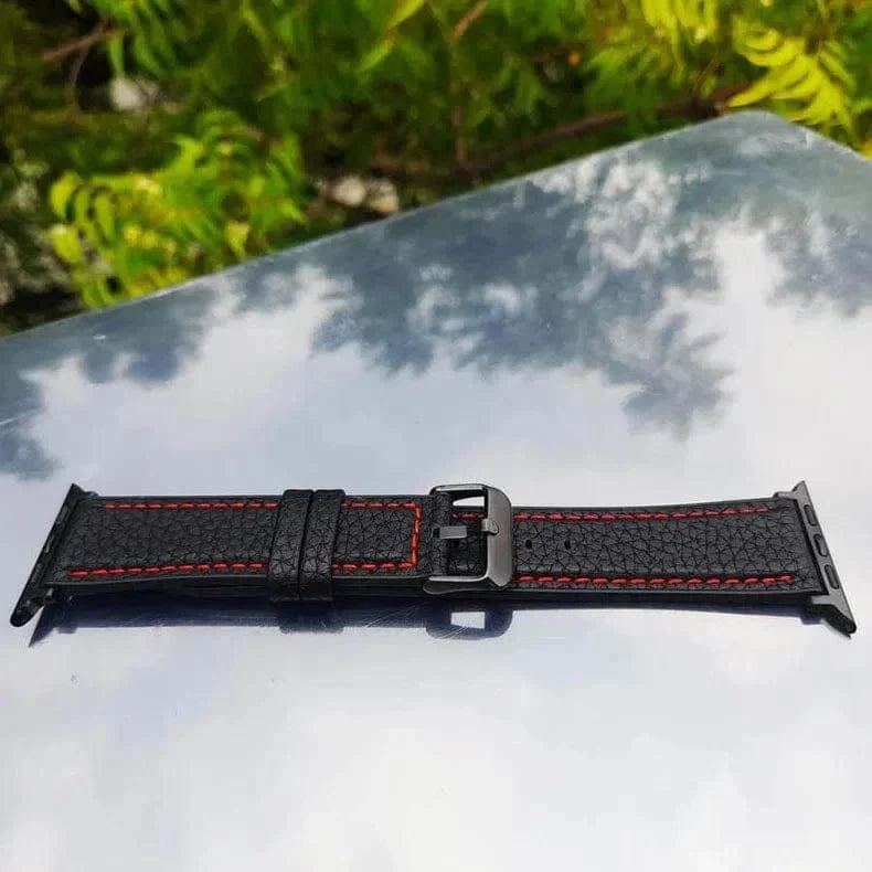 Grainy Leather Texture Red Thread Stitch Watch Band for Apple Watch 38 | 40 | 41 | 42mm S10