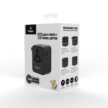 Power Accessories Graper 45W GaN 5 Port + 2 AC Travel Adapter GRCH002