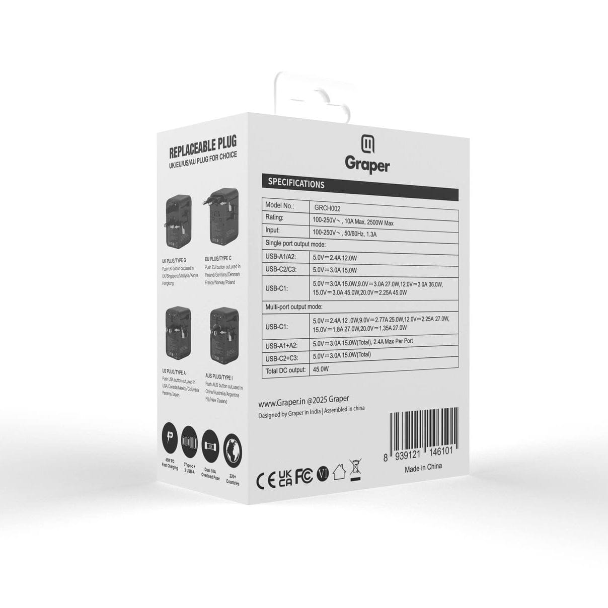 Power Accessories Graper 45W GaN 5 Port + 2 AC Travel Adapter GRCH002