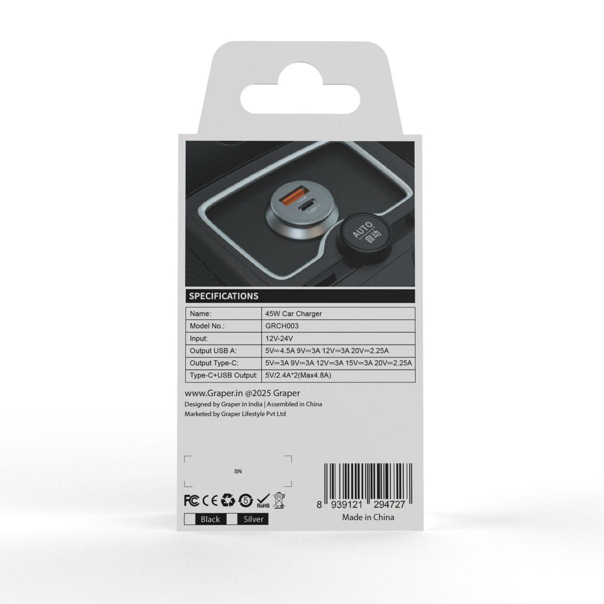 ktusu Generic Power Accessories Graper 45W PD Fast Car Charger Type-C + USB-A