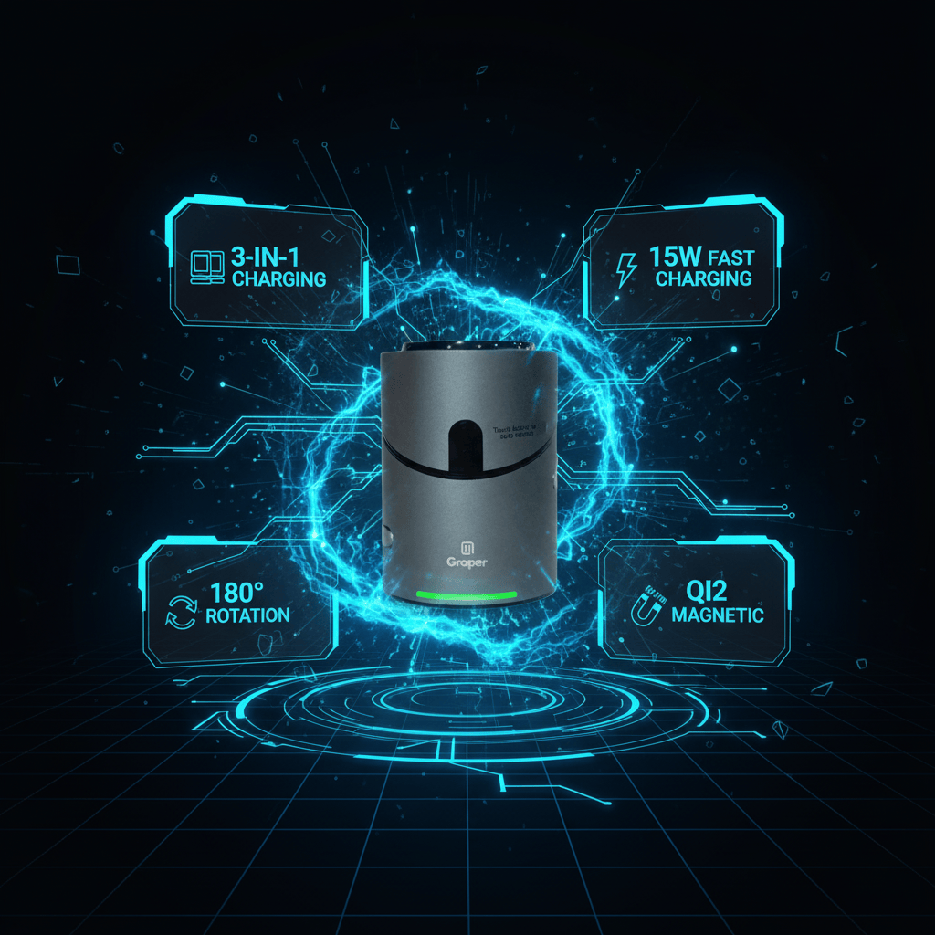 Power Accessories Graper Qi2 3-in-1 Magnetic Touch Wireless Charger with Automatic Rotation | 15W Fast Charging | 180° Touch Rotation | Compatible Apple iPhone, Watch and Earbuds