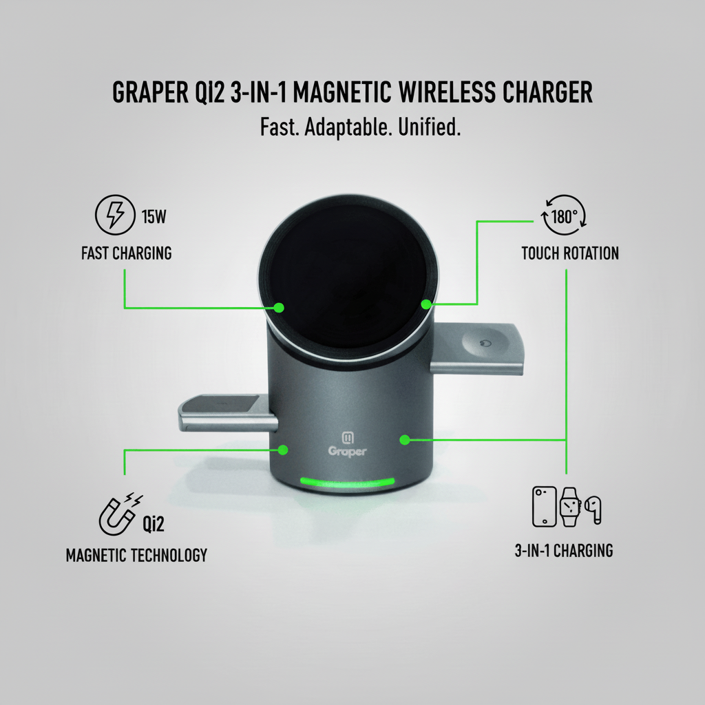 Power Accessories Graper Qi2 3-in-1 Magnetic Touch Wireless Charger with Automatic Rotation | 15W Fast Charging | 180° Touch Rotation | Compatible Apple iPhone, Watch and Earbuds