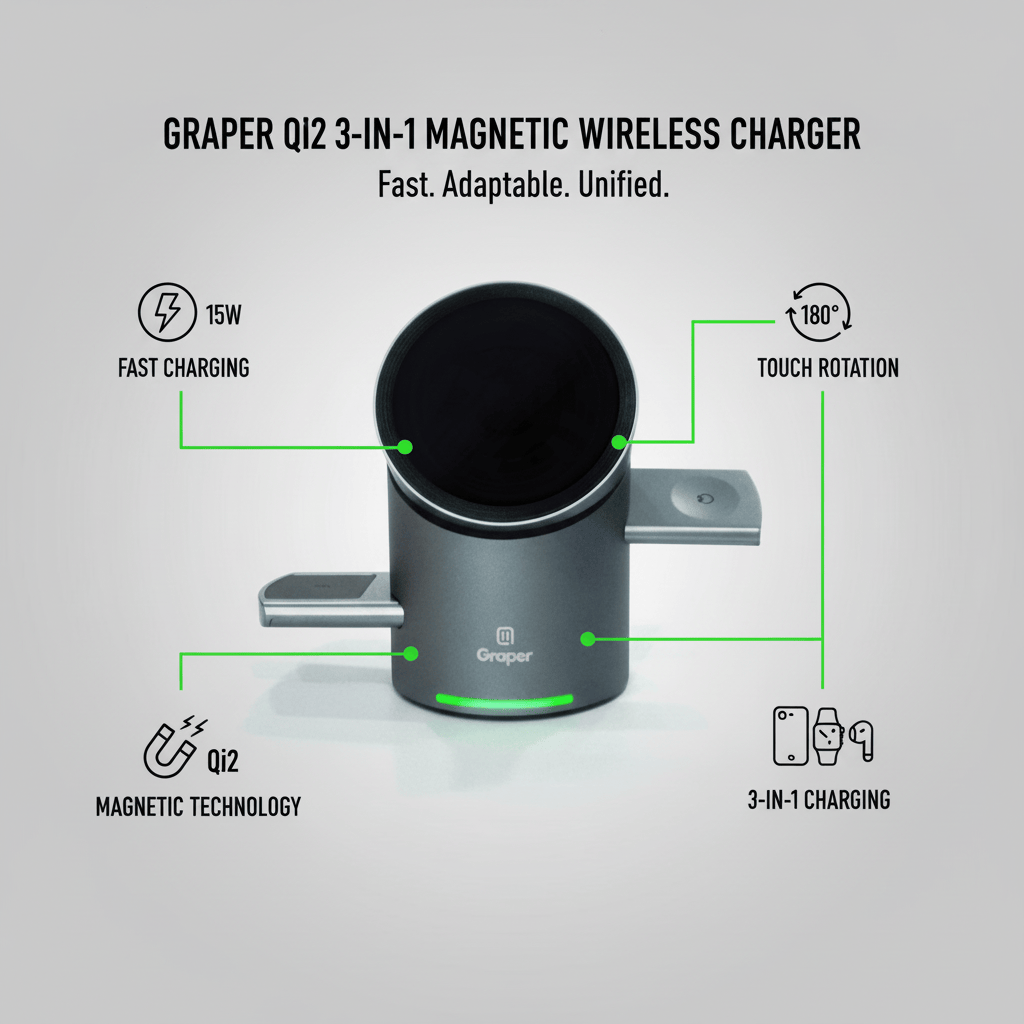 Power Accessories Graper Qi2 3-in-1 Magnetic Touch Wireless Charger with Automatic Rotation | 15W Fast Charging | 180° Touch Rotation | Compatible Apple iPhone, Watch and Earbuds