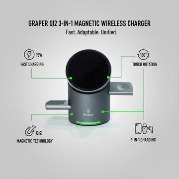 Power Accessories Graper Qi2 3-in-1 Magnetic Touch Wireless Charger with Automatic Rotation | 15W Fast Charging | 180° Touch Rotation | Compatible Apple iPhone, Watch and Earbuds