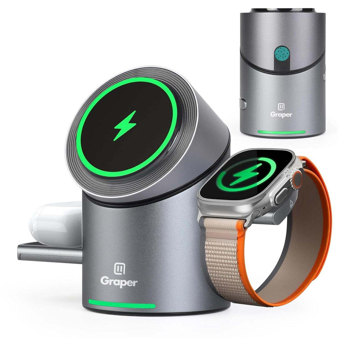Graper Qi2 3-in-1 Magnetic Touch Wireless Charger with Automatic Rotation | 15W Fast Charging | 180° Touch Rotation | Compatible Apple iPhone, Watch and Earbuds KTSUJLWOQ 8986884438677