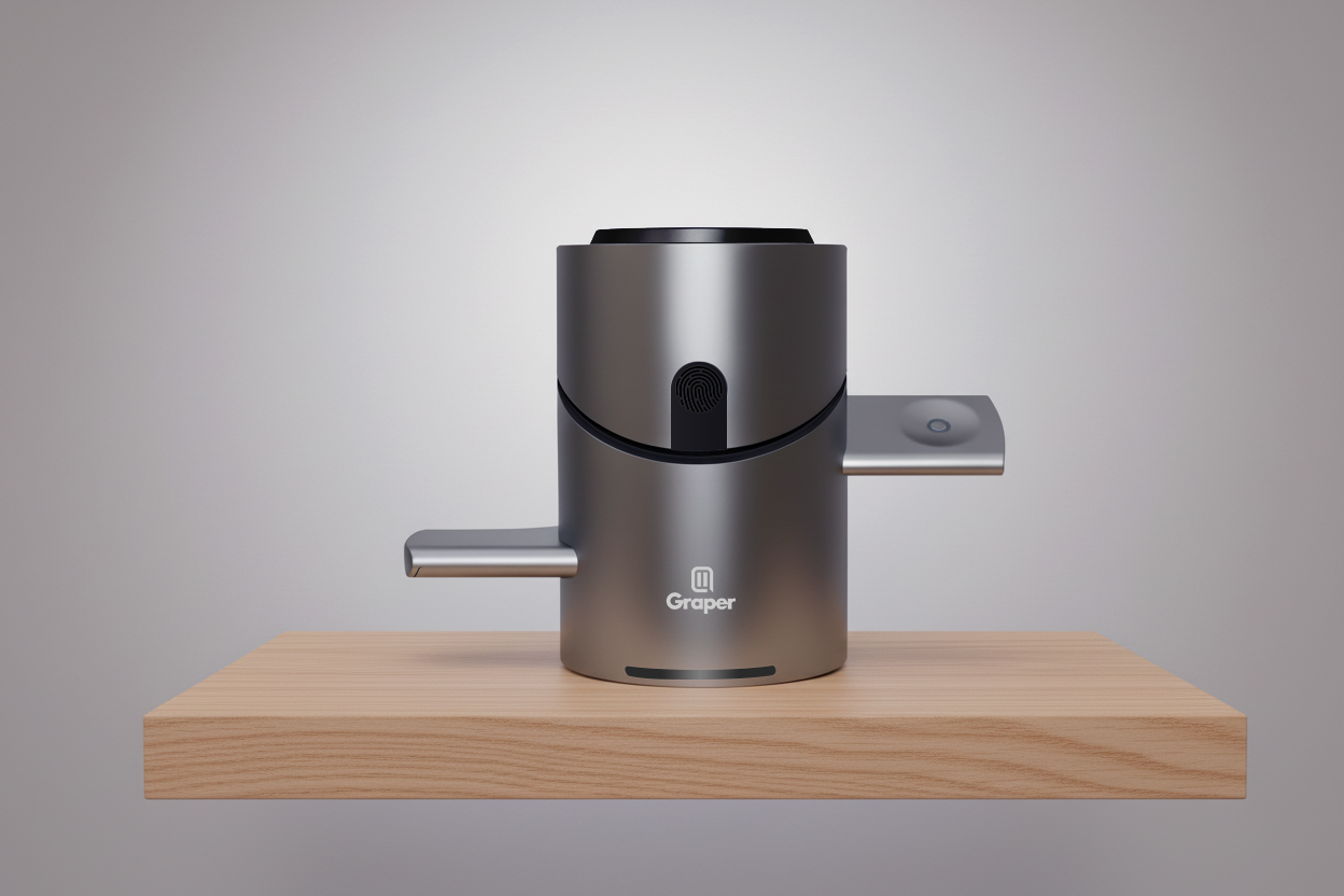 Creppler coffee grinder on a wooden platform with a gray background