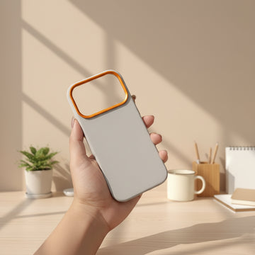 Gray phone case with orange accent held in a hand against a blurred background