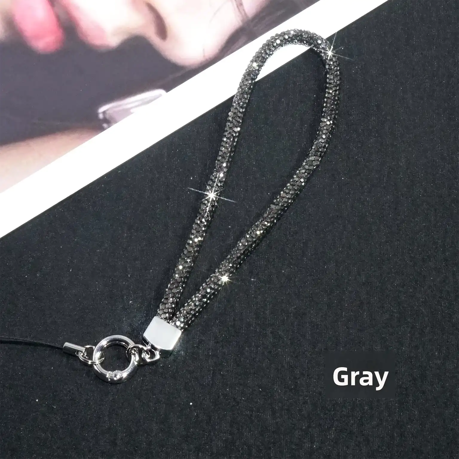 Gray rhinestone lanyard on a black background with 'Gray' text.