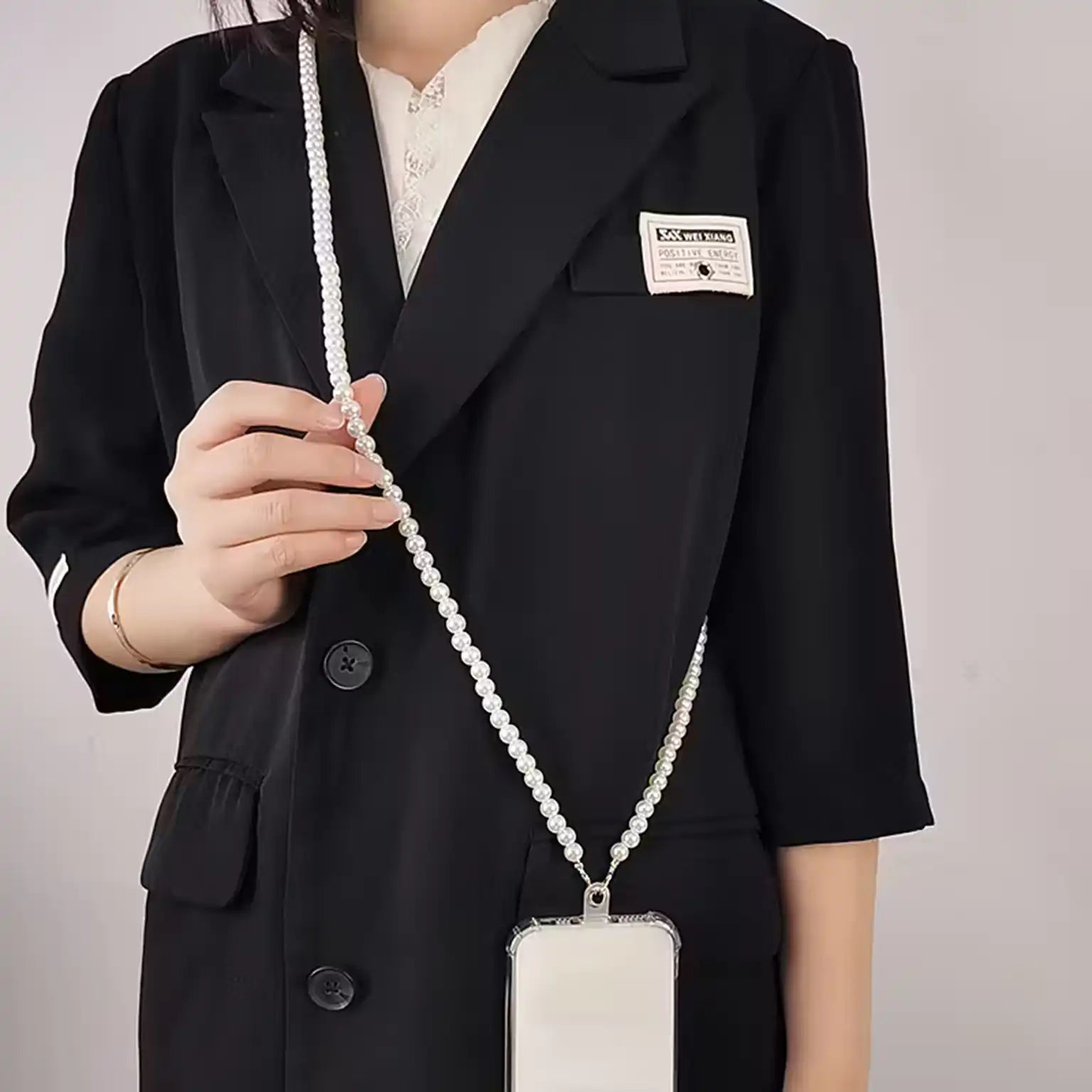 Enhancement Hand-beaded Pearls Long Strap for The Neck And Shoulder Phone Lanyard with Transparent Card Holder