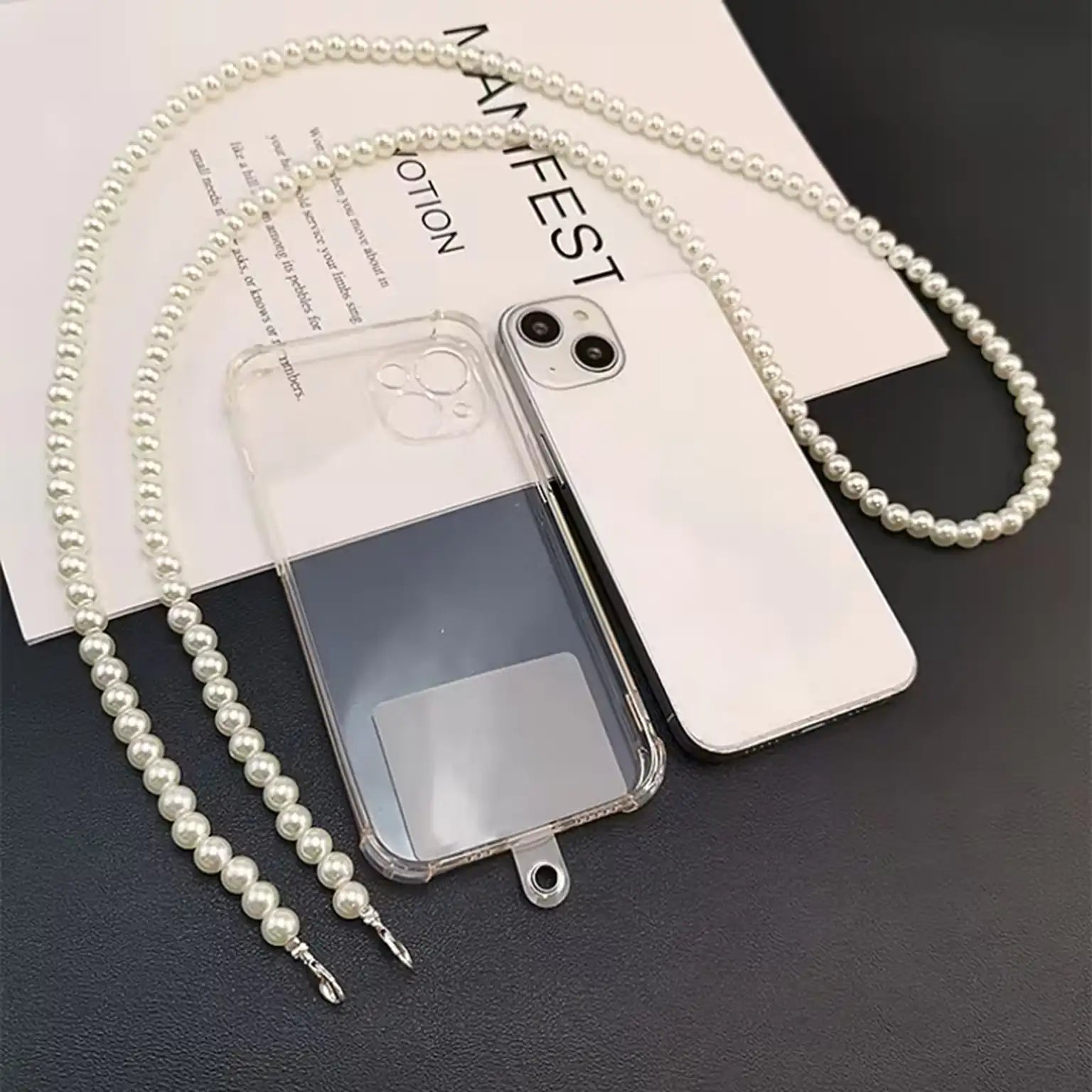 Enhancement Hand-beaded Pearls Long Strap for The Neck And Shoulder Phone Lanyard with Transparent Card Holder