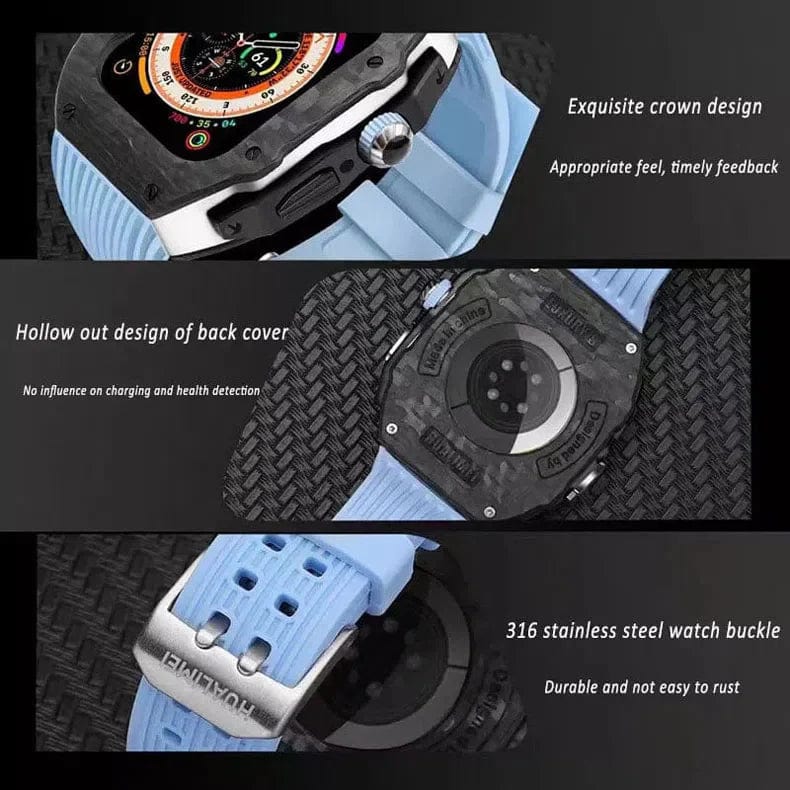 Hualimei Mod Kit Carbon Fiber Case Silicone Strap for Apple Watch 44mm