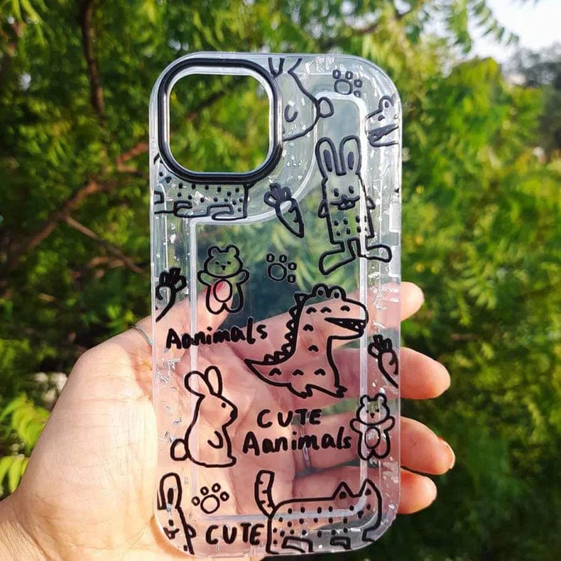 Animal Print Silver Glitter Foil Clear Soft Case for iPhone 13 Pro Max iPhone 13 Pro Max / Cute Animals - Ktusu
