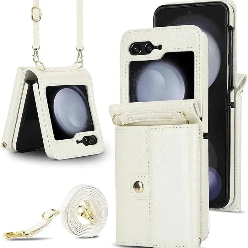 Crossbody Strap PU Leather Case for Samsung Z Flip6 Samsung Z Flip6 / Cream - Ktusu