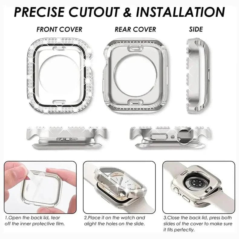 Dual Rhinestone Frame Built-in Glass Screen Protector Hard Cover for Apple Watch 45mm - Ktusu