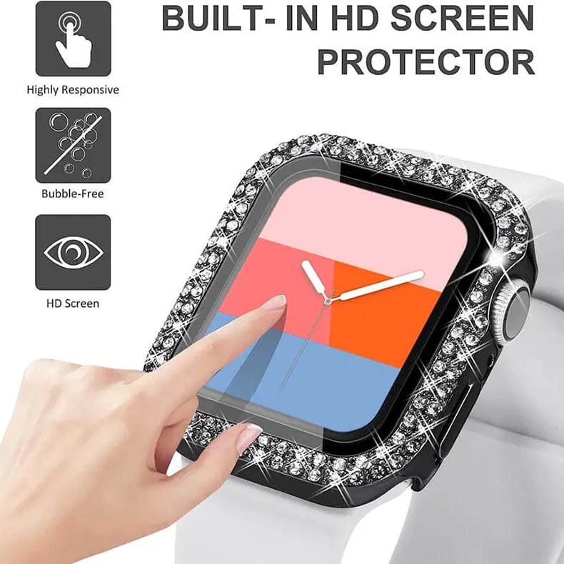 Dual Rhinestone Frame Built-in Glass Screen Protector Hard Cover for Apple Watch 45mm - Ktusu