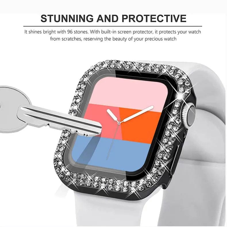 Dual Rhinestone Frame Built-in Glass Screen Protector Hard Cover for Apple Watch 45mm - Ktusu