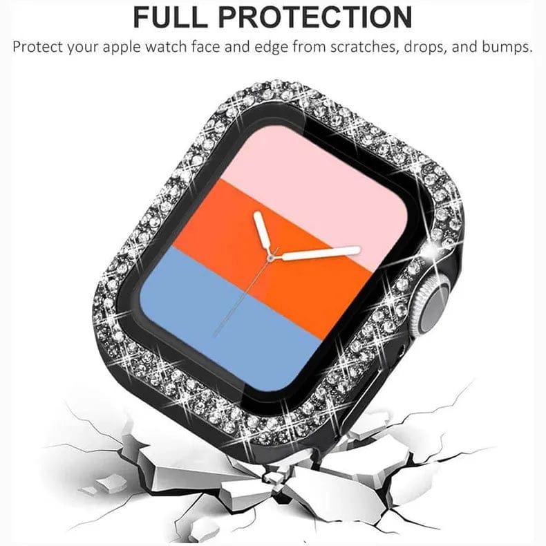 Dual Rhinestone Frame Built-in Glass Screen Protector Hard Cover for Apple Watch 45mm - Ktusu