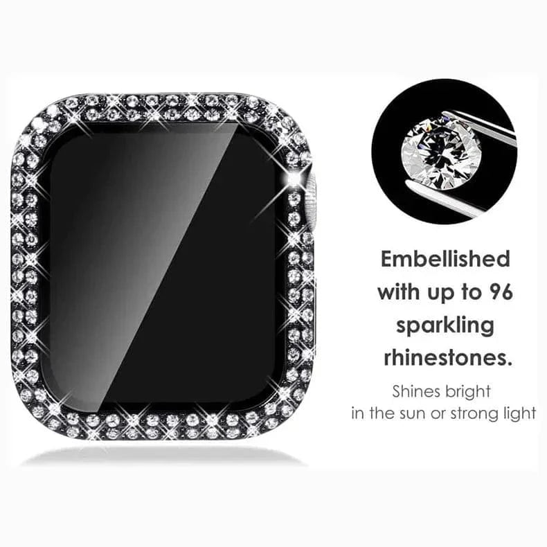 Dual Rhinestone Frame Built-in Glass Screen Protector Hard Cover for Apple Watch 45mm - Ktusu