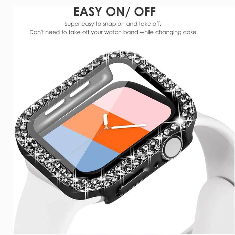 Dual Rhinestone Frame Built-in Glass Screen Protector Hard Cover for Apple Watch 45mm - Ktusu