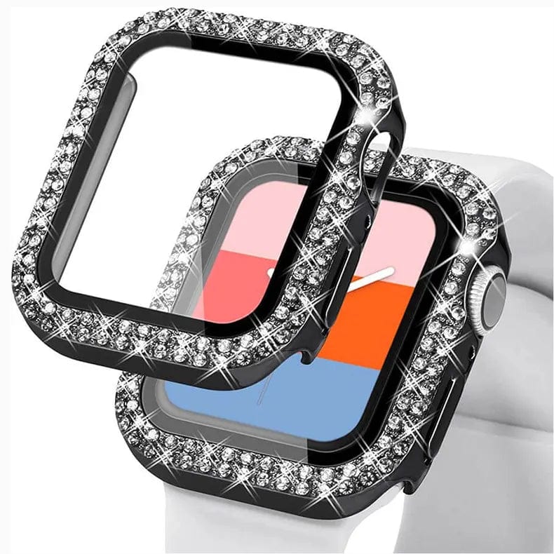 Dual Rhinestone Frame Built-in Glass Screen Protector Hard Cover for Apple Watch 45mm - Ktusu