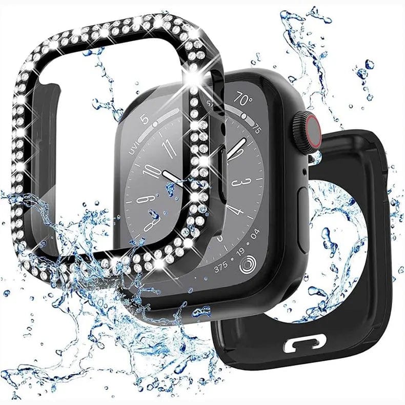 Dual Rhinestone Frame Built-in Glass Screen Protector Hard Cover for Apple Watch 45mm - Ktusu