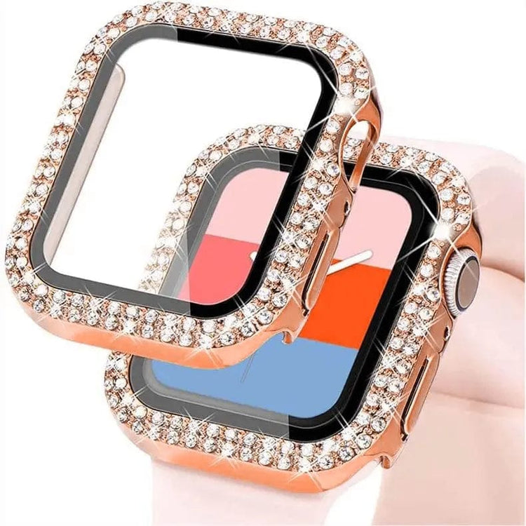 Dual Rhinestone Frame Built-in Glass Screen Protector Hard Cover for Apple Watch 45mm 45mm / Bronze Gold - Ktusu