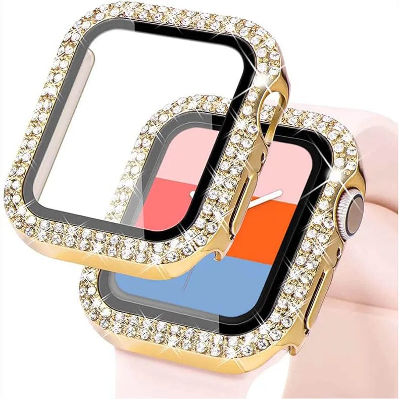Dual Rhinestone Frame Built-in Glass Screen Protector Hard Cover for Apple Watch 45mm 45mm / Gold - Ktusu