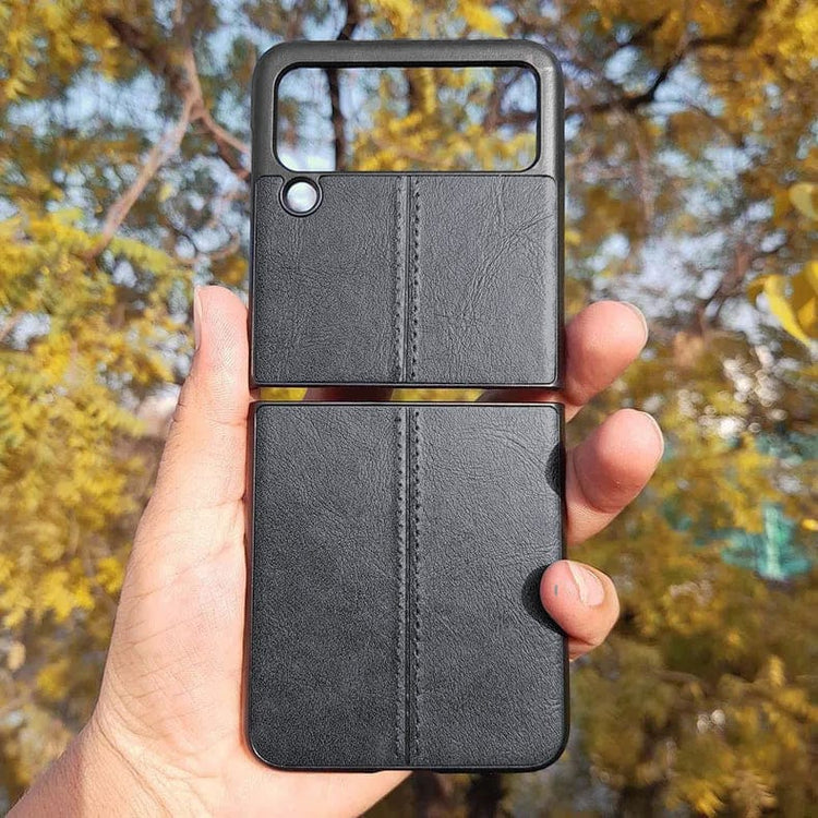 Glossy Stitched Leather Case for Samsung Z Flip4 Samsung Z Flip4 / Black - Ktusu