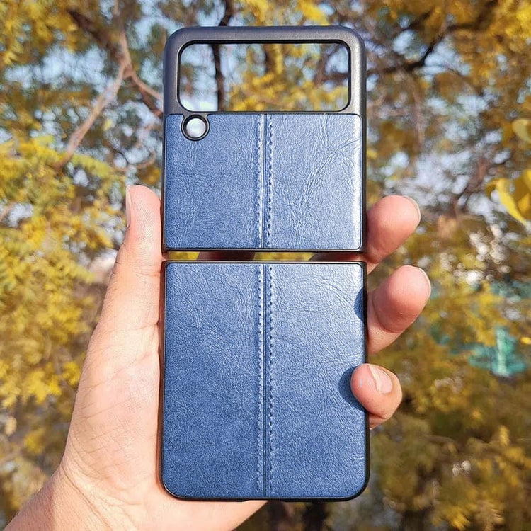 Glossy Stitched Leather Case for Samsung Z Flip4 Samsung Z Flip4 / Black - Ktusu