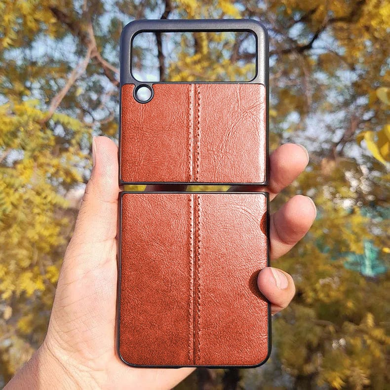 Glossy Stitched Leather Case for Samsung Z Flip4 Samsung Z Flip4 / Brown - Ktusu
