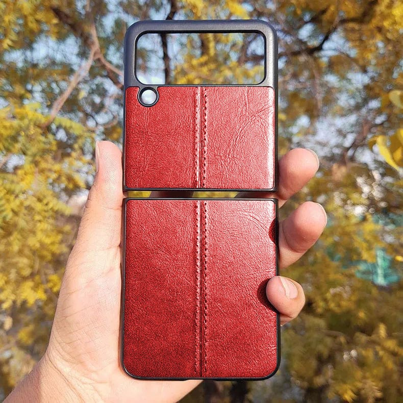 Glossy Stitched Leather Case for Samsung Z Flip4 Samsung Z Flip4 / Red - Ktusu