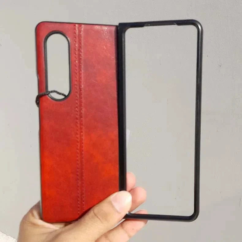 Glossy Stitched PU Leather Hard Case for Samsung Z Fold4 Samsung Z Fold4 / Red - Ktusu