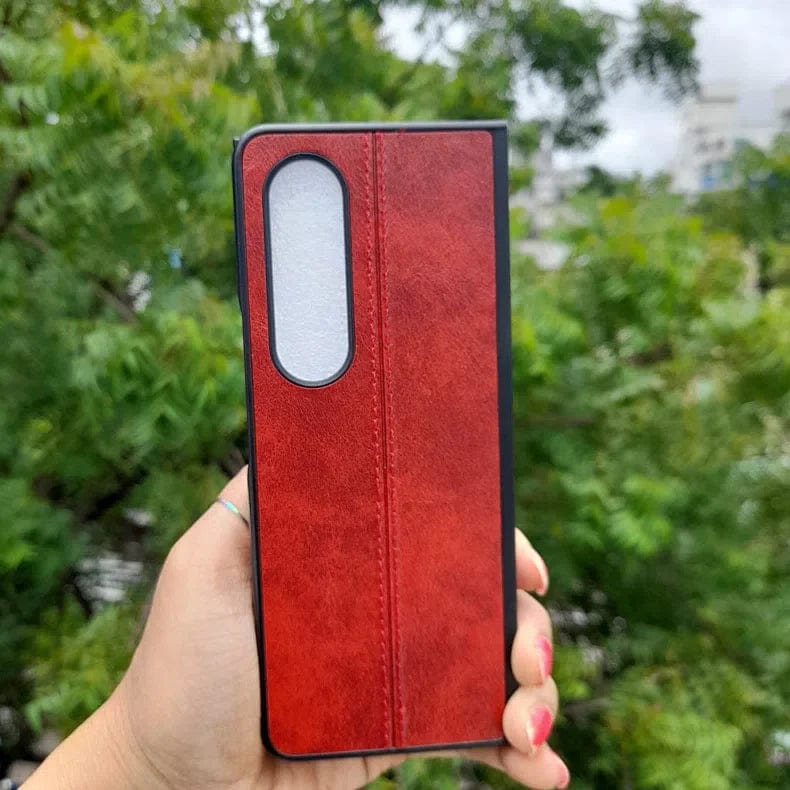 Glossy Stitched PU Leather Hard Case for Samsung Z Fold4 Samsung Z Fold4 / Red - Ktusu