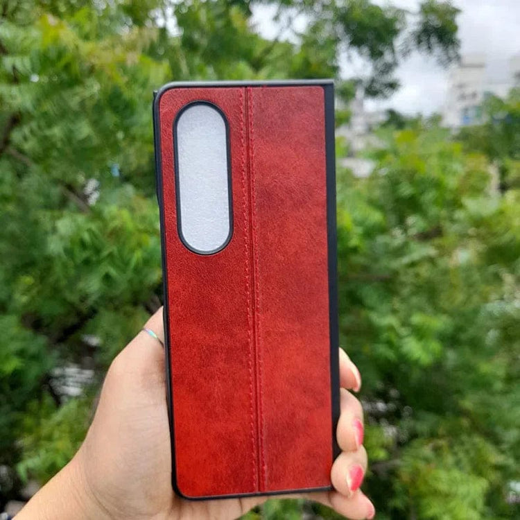 Glossy Stitched PU Leather Hard Case for Samsung Z Fold4 Samsung Z Fold4 / Red - Ktusu