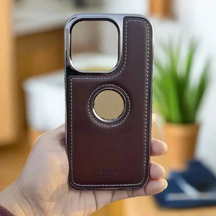 Ishock PU Leather Electroplating Chrome With Logo Cut Case for iPhone 14 Pro iPhone 14 Pro / Tan Brown - Ktusu